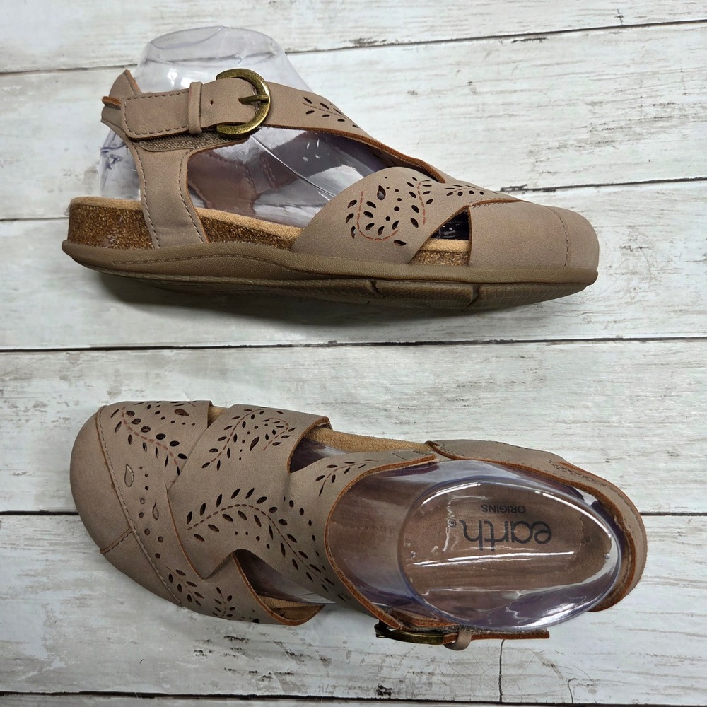 Earth Origins Bensley Fisherman Sandal Closed Toe Women 8M Taupe Laser Cut Vegan